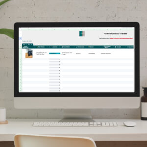 Digital Home Inventory Tracker mockup on laptop screen with minimalist desk decor.