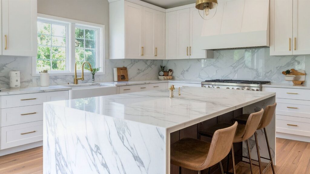 Modern, organized kitchen with white cabinetry, marble island, and natural light