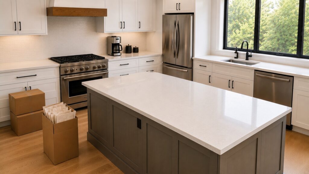 Professional unpacking service creating organized kitchen systems during a home move.