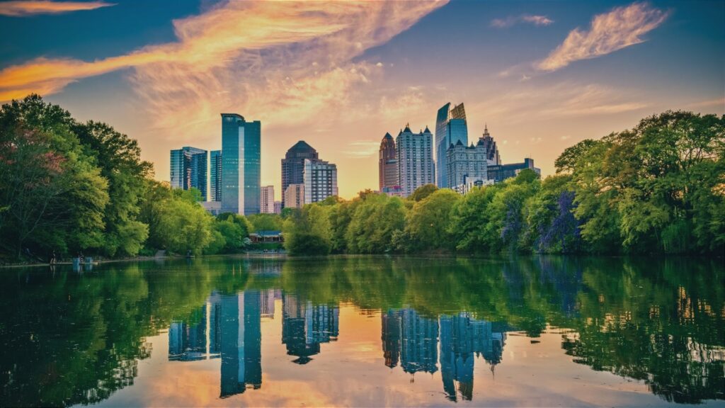 Atlanta skyline at sunset representing Atlanta Metro Home Organizer services by OCbyD