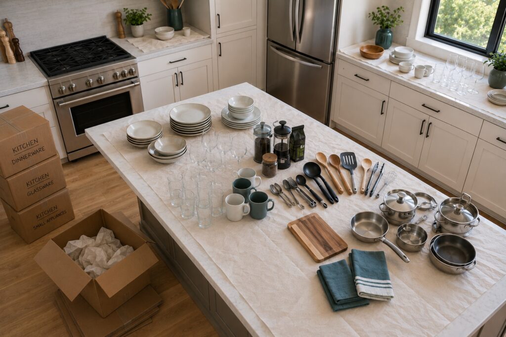 Kitchen items organized by category before unpacking to create functional storage and efficient daily use.