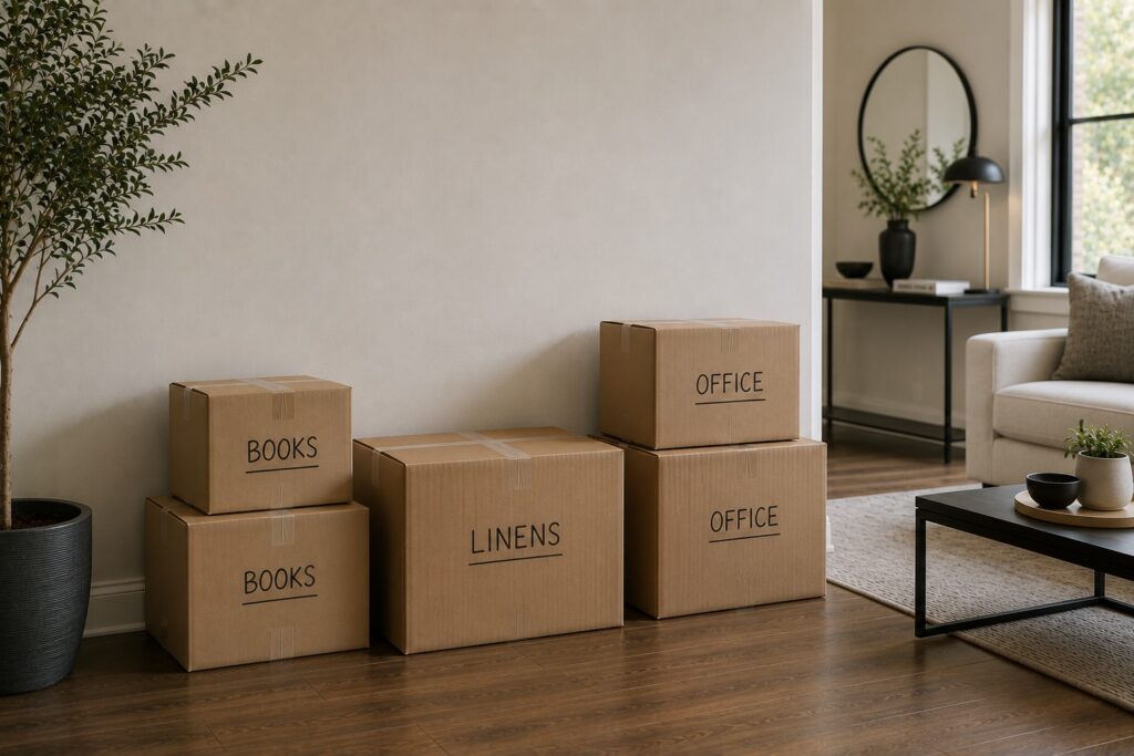 Different-sized moving boxes labeled for books, linens, and office supplies to demonstrate choosing the correct box size for packing.