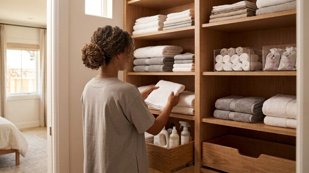 Homeowner refreshing an organized linen closet to maintain simple, long-lasting organizing systems.