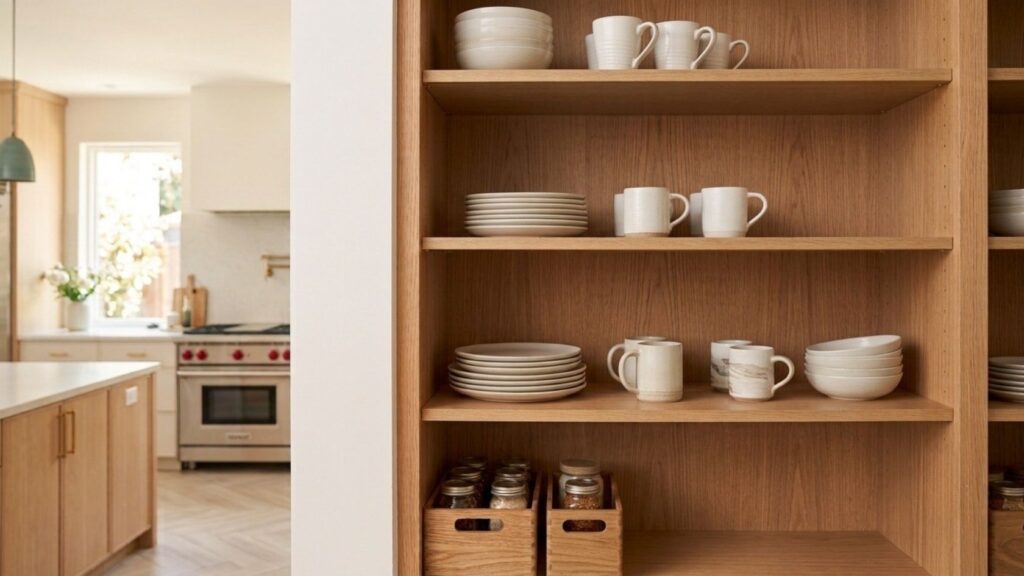 Organized kitchen cabinet with intentional open space for future items.
