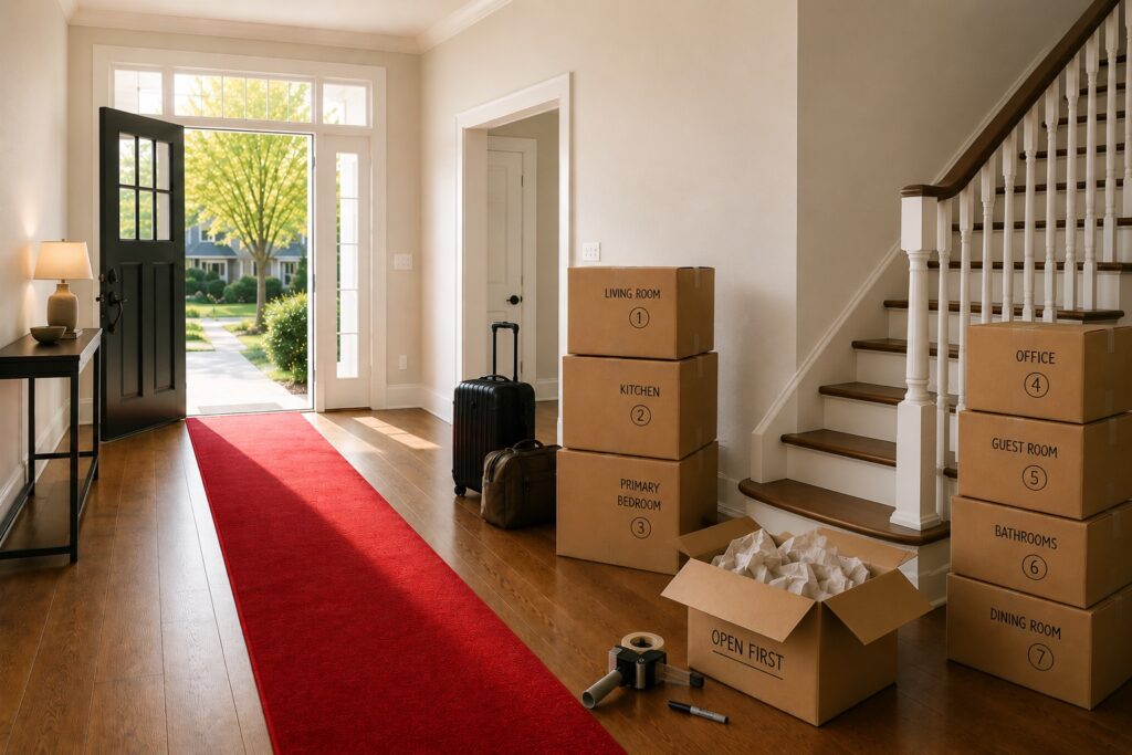 Bright modern home entryway with neatly labeled moving boxes, an open front door, luggage, packing supplies, and an open first box prepared for moving day.