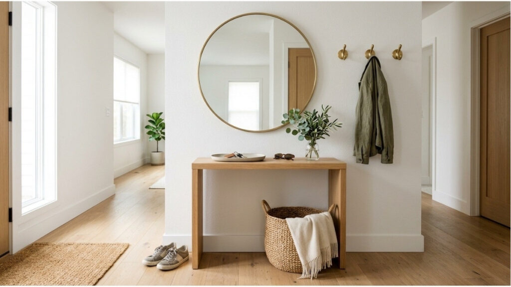 Organized entryway showing what happens after your professional organizer leaves, with everyday essentials stored in a functional drop zone.