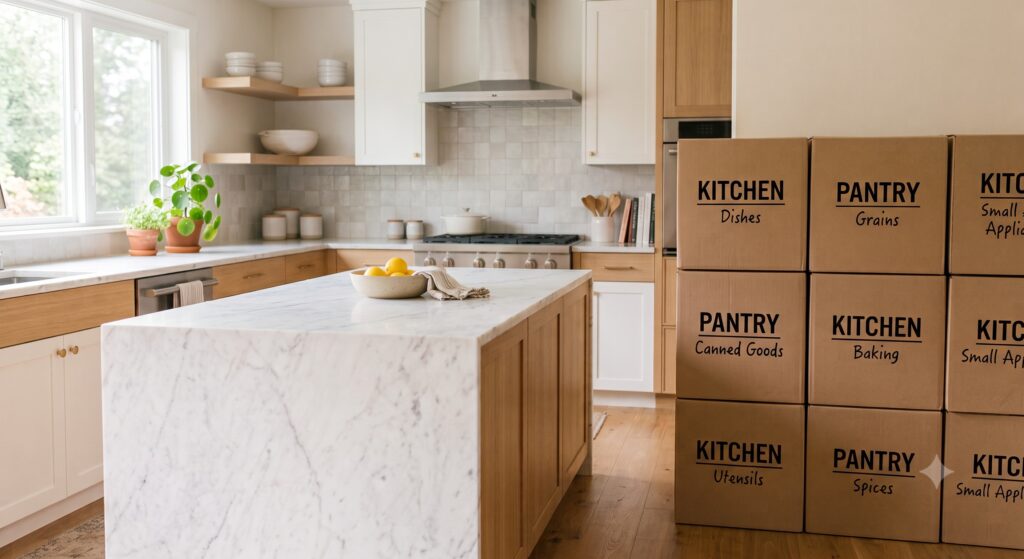 Unpacking service in Henry County, GA, labeled kitchen and pantry moving boxes stacked beside a modern kitchen island