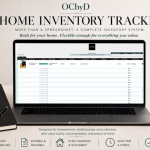 OCbyD Home Inventory Tracker displayed on a laptop showing a digital home inventory system for documenting household belongings, valuables, insurance records, and home assets.