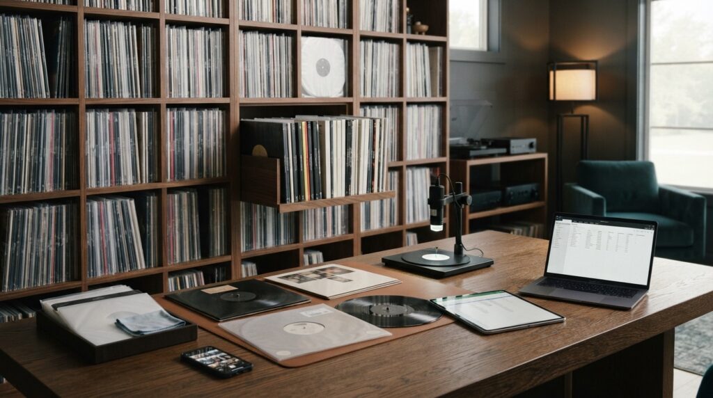 Vinyl record collection with individual records being documented in a home inventory
