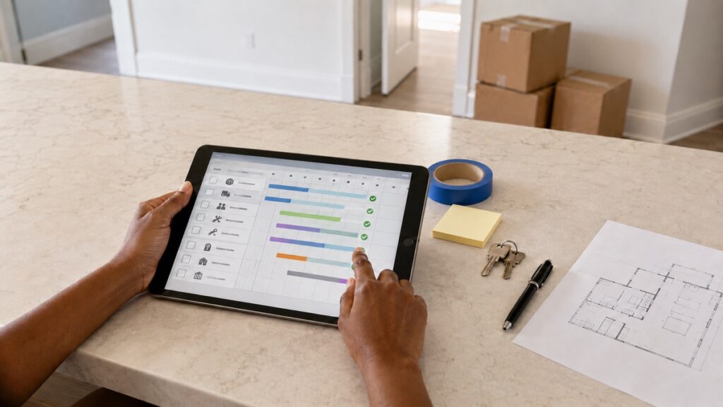 Move-in professional reviewing a project timeline with scheduled tasks and completed items on an iPad during a home move