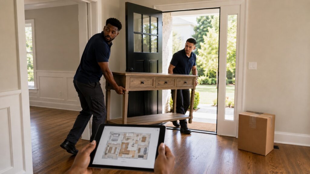 Move-in professional overseeing two movers carrying furniture into a new home