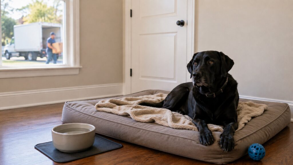Black Lab resting safely in a quiet closed room while movers work outside during a home move