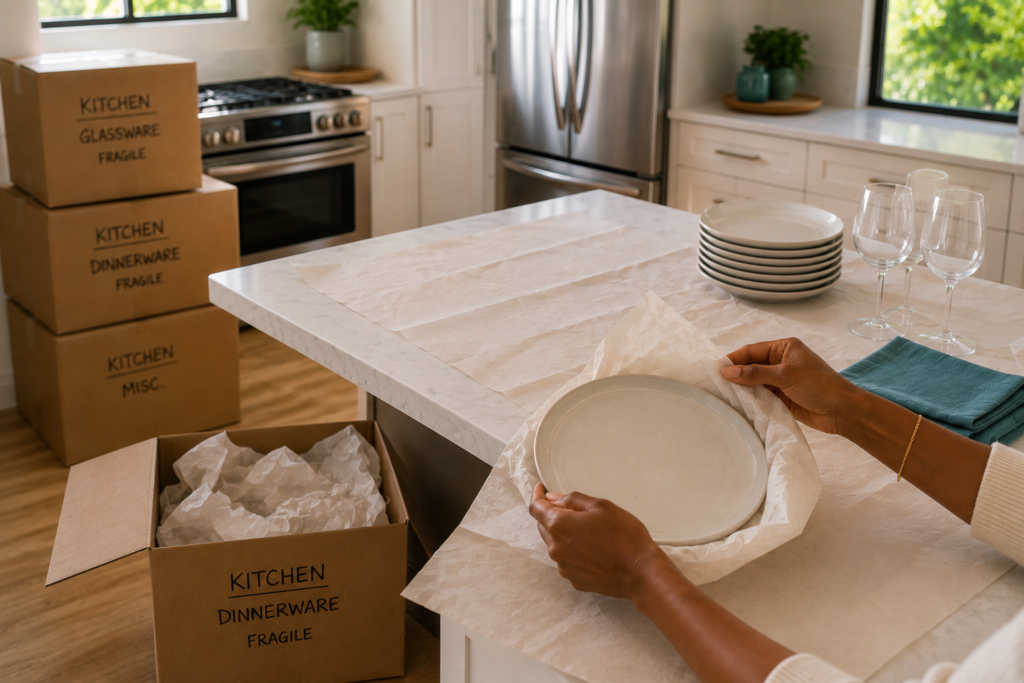 Hands unpacking dinnerware in a kitchen during a professional move-in setup