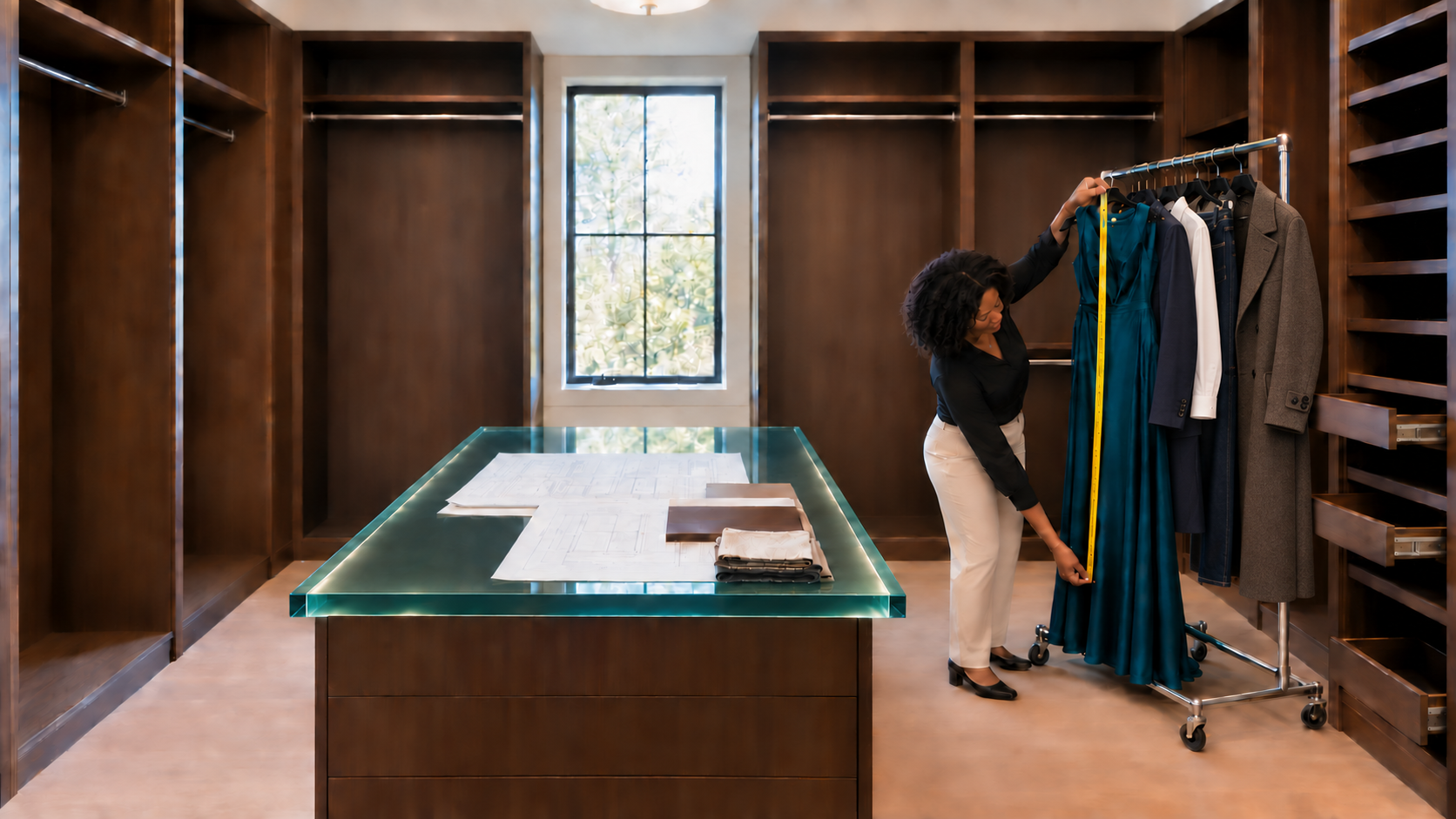 Professional organizer measuring a floor-length dress beside a mixed wardrobe to plan long-hang storage in an empty custom closet.