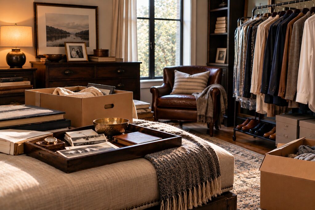 Personal photographs, sentimental keepsakes, clothing, and household belongings arranged for sorting in a warmly furnished room.