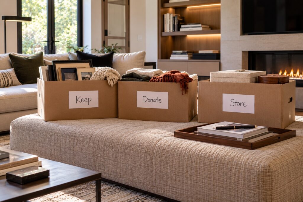Three labeled boxes for keeping, donating, and storing belongings arranged on a large ottoman in a modern living room