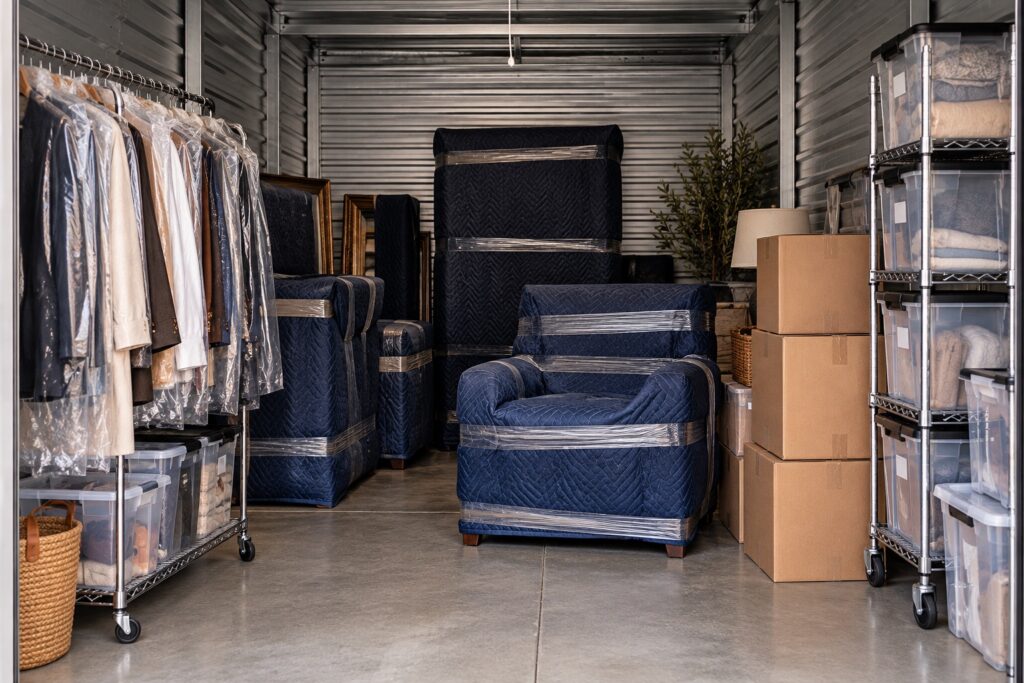 Organized storage unit with furniture protected by moving blankets, covered clothing on a garment rack, and storage bins on freestanding rolling shelves.